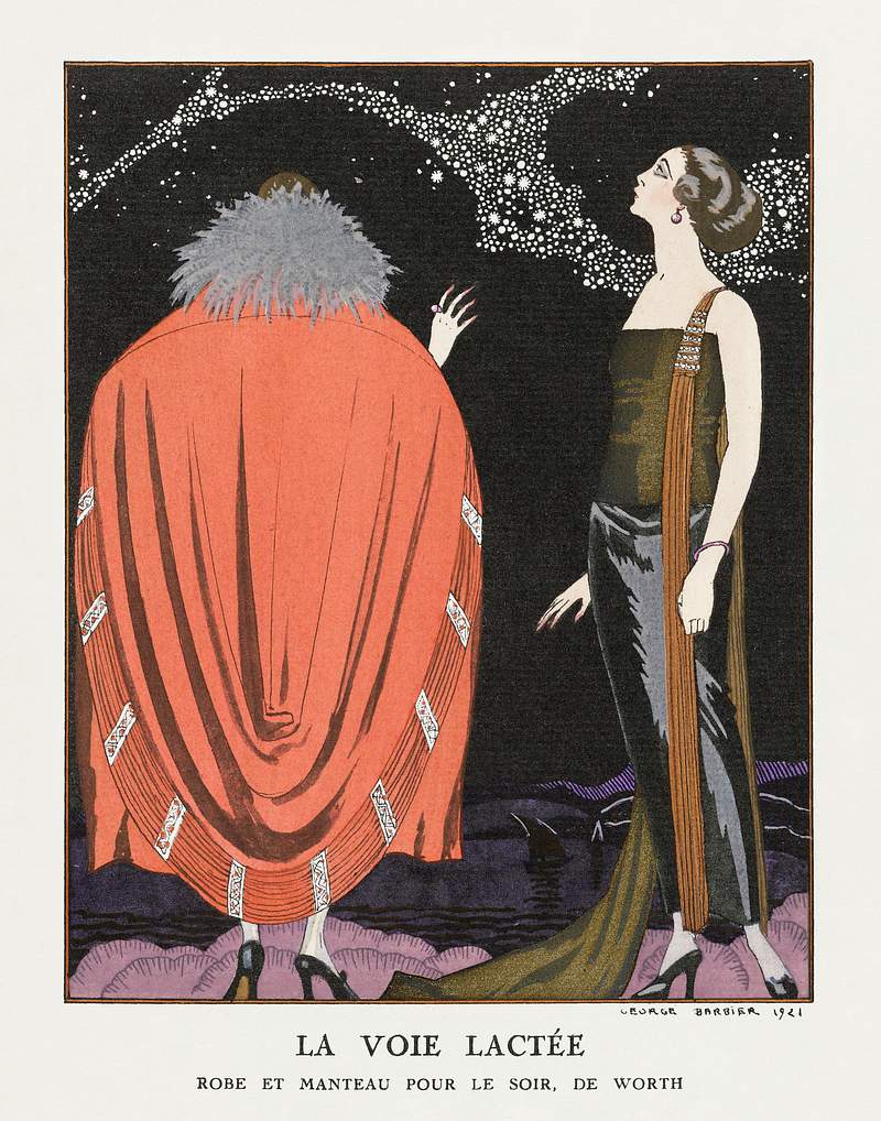 La voie lactée: Robe et manteau pour le soir, de Worth (1921) fashion illustration in high resolution by George…