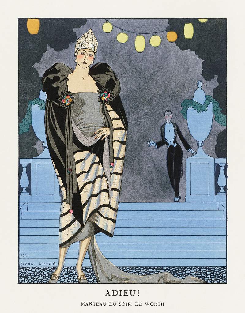 Adieu! / Manteau du soir, de Worth from Gazette du Bon Ton. Art – Modes & Frivolités: Evening Attire No. 4 Pl.…