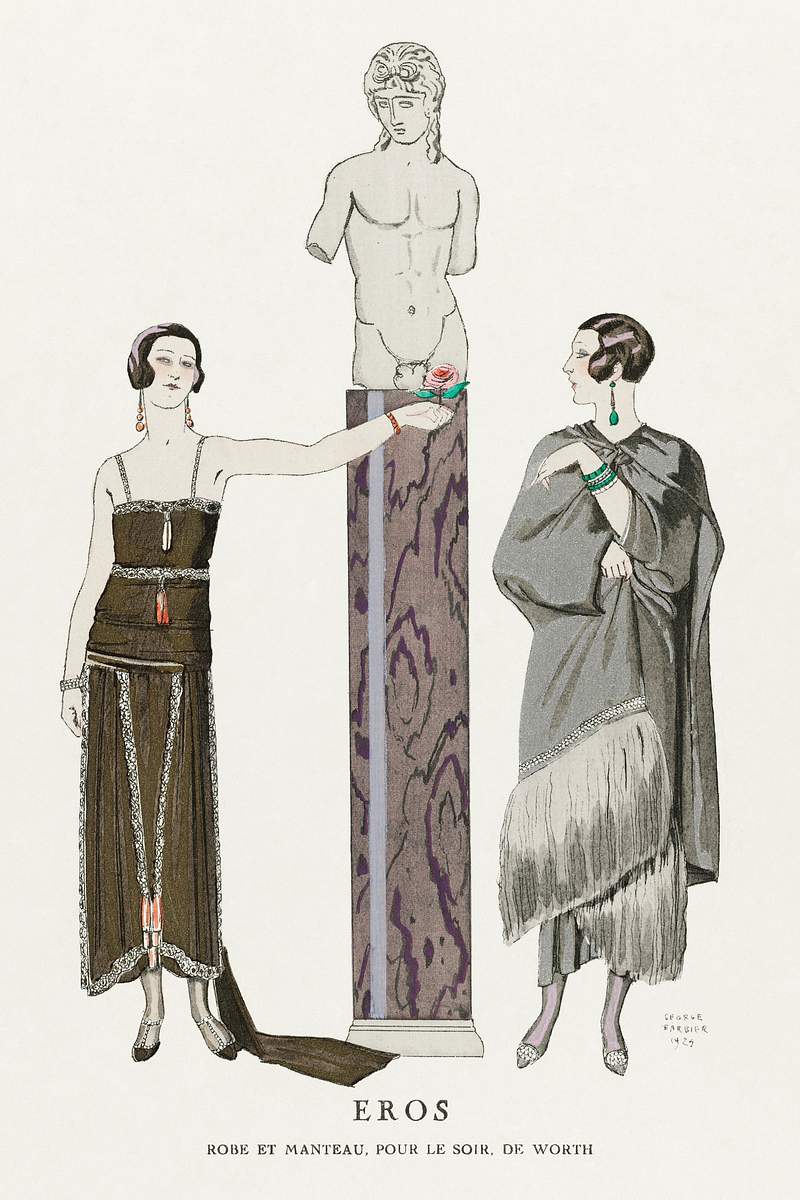 Eros / Robe et manteau, pour le soir, de Worth from Gazette du Bon Ton No. 9 (1924) fashion illustration in high resolution…