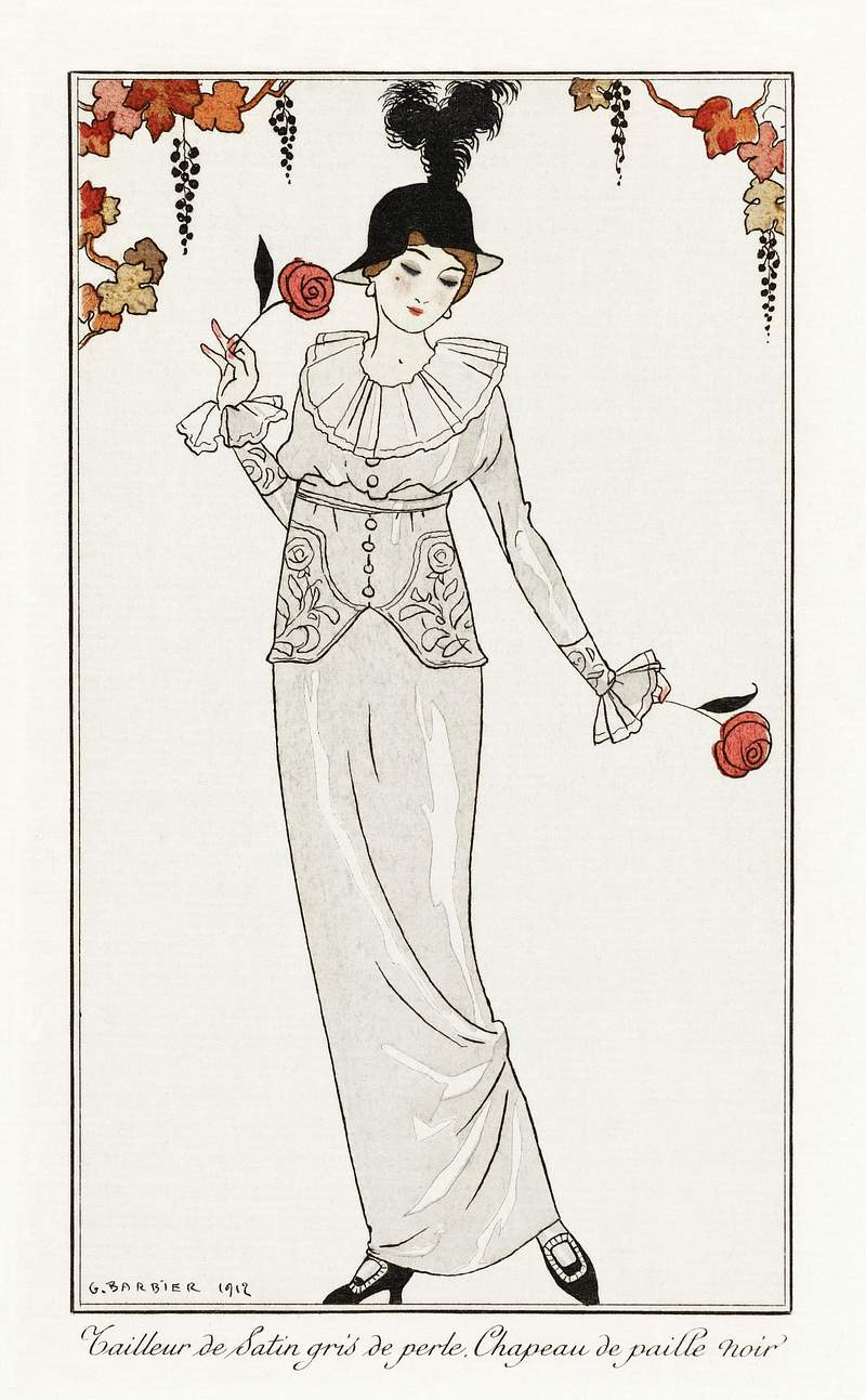 Costumes Parisiens, no. 8: Tailleur de Satin gris de perle. Chapeau de paille noir from Journal des Dames et des Modes (1912)…