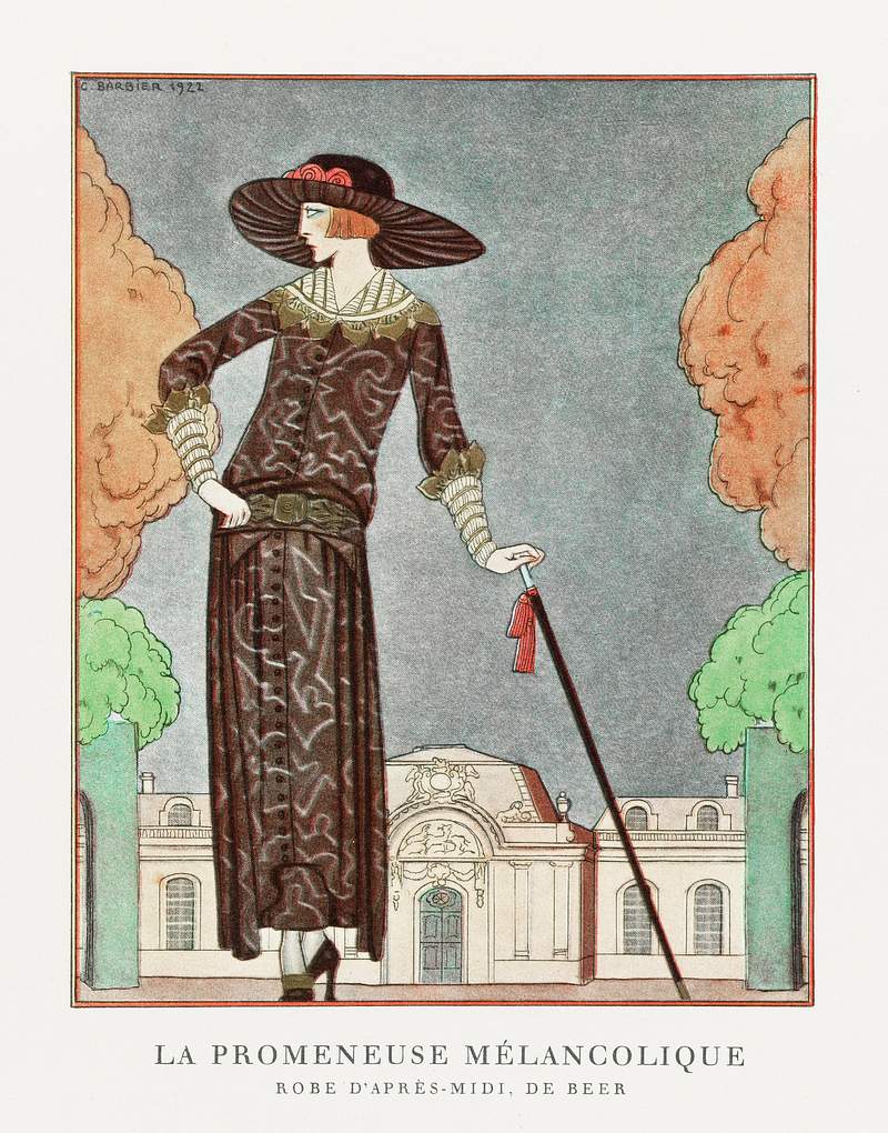 La promeneuse mélancolique, Robe d'après-midi, de Beer (1922) fashion illustration in high resolution by George…