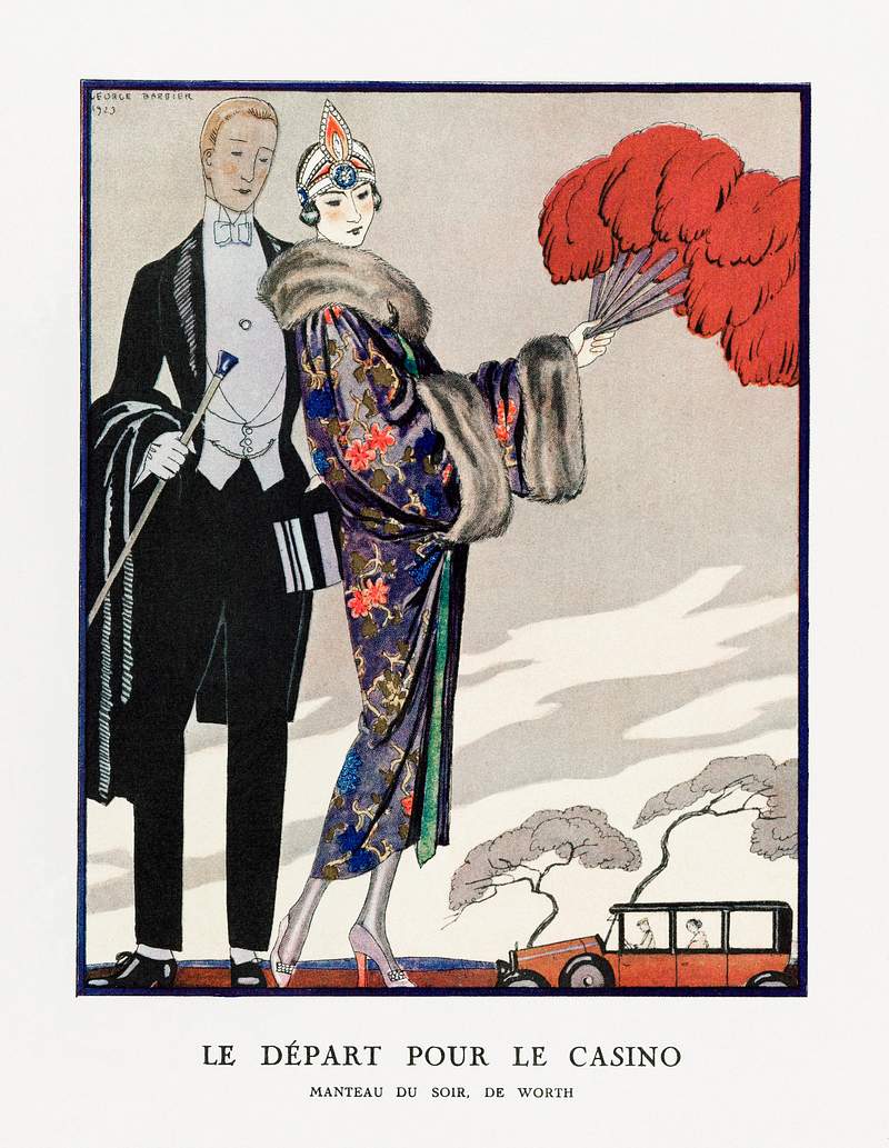 Le départ pour le casino, Manteau du soir, de Worth (1923) fashion illustration in high resolution by George Barbier.…