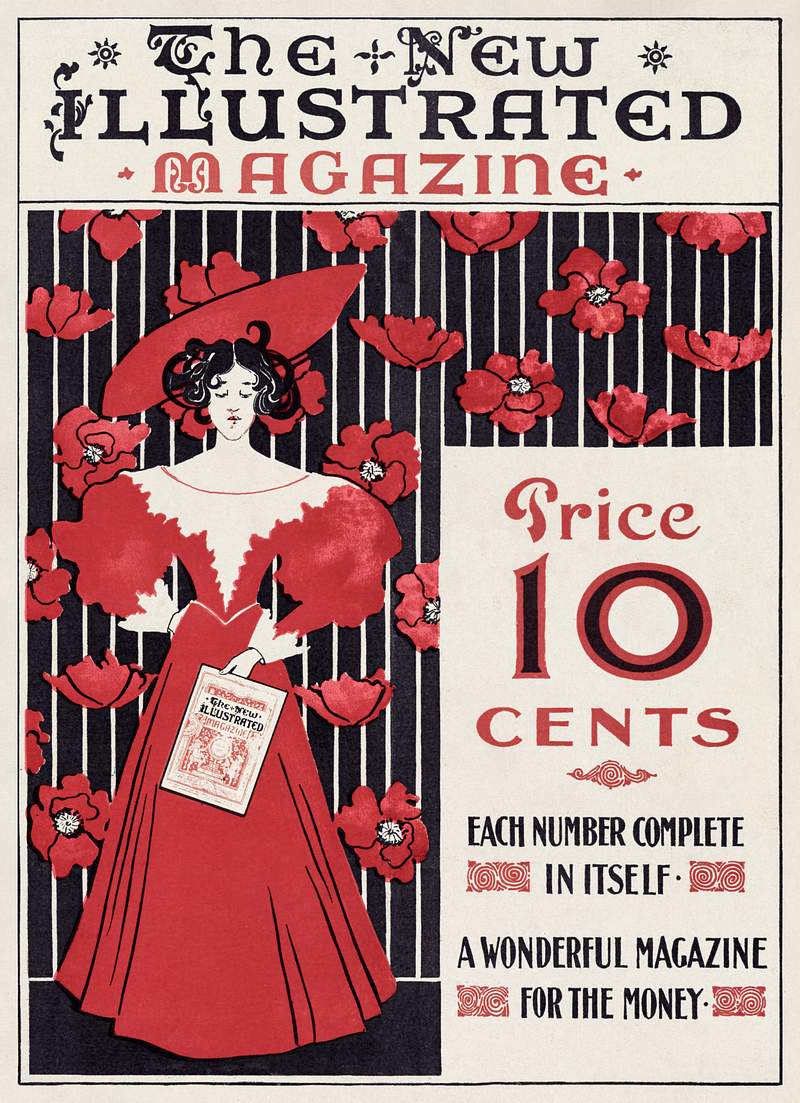 The New Illustrated Magazine (1890–1900) cover of flowers and a fashionably dressed woman holding magazine in high…