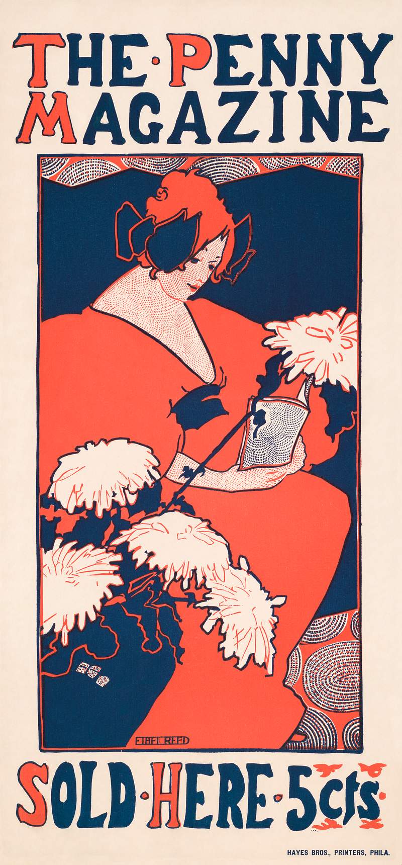 The Penny Magazine (1896) vintage cover of a woman holding a book with chrysanthemum flowers in foreground in high resolution…