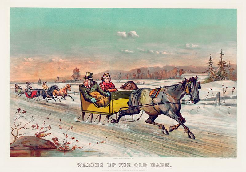 "Waking up the old mare" chromolithograph (1881) published by Currier & Ives (1813–1888) "Waking up the old mare" chromolithograph (1881) published by Currier & Ives (1813–1888)