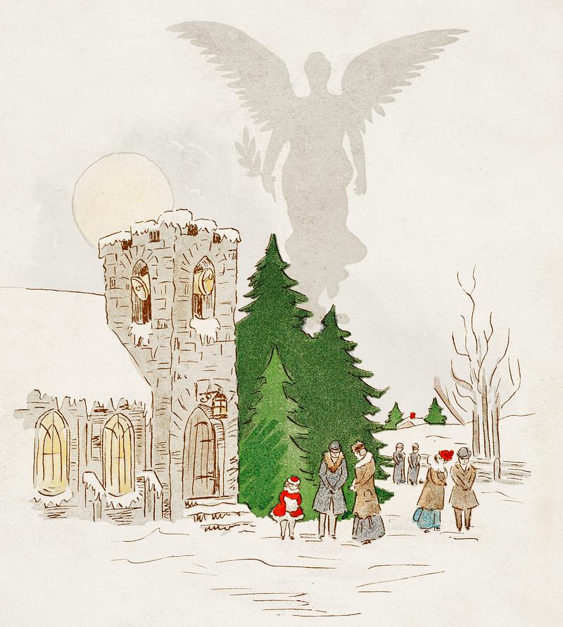 Vintage Christmas scene. Illustration of a white christmas with an angel created by Chalfonte Hotel, Atlantic City, from The Buttolph collection of menus (1919) Vintage Christmas scene. Illustration of a white christmas with an angel created by Chalfonte Hotel, Atlantic City, from The…