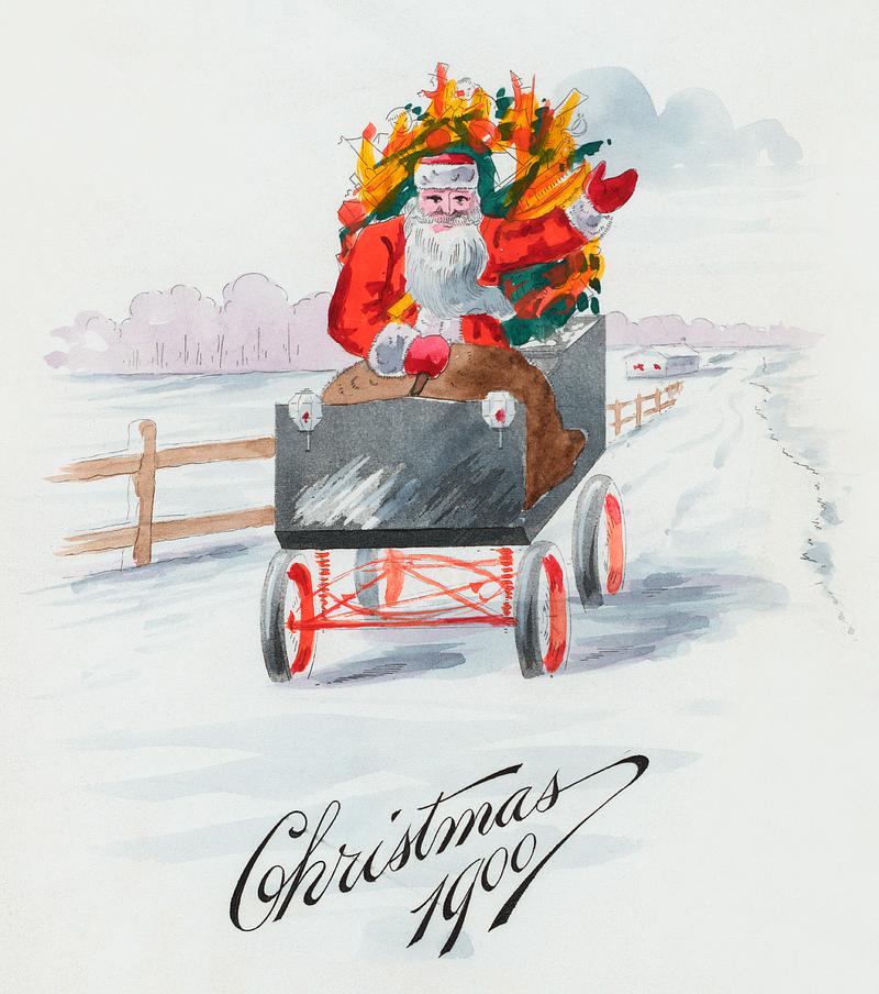 Illustration of santa cluase in a christmas dinner menu created by Hotel Schenley, Pittsburgh, Pennsylvania (1900) from The Buttolph collection of menus. Illustration of santa cluase in a christmas dinner menu created by Hotel Schenley, Pittsburgh, Pennsylvania (1900) from The…
