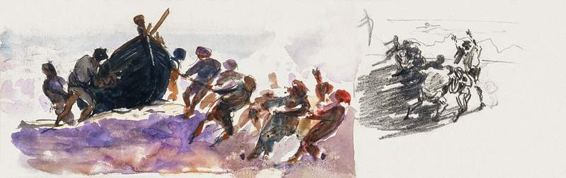 Men Hauling Lifeboat Ashore from scrapbook (1876) by John Singer Sargent. Original from The MET Museum. Digitally enhanced by…