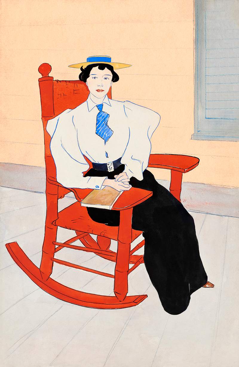 Young Woman Seated in a Red Rocking Chair (ca. 1895–1900) print in high resolution by Edward Penfield from Harper &…