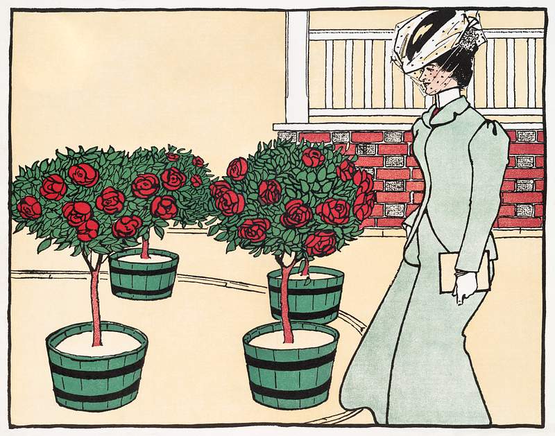 Woman in rose garden (1896) print in high resolution by Edward Penfield. Original from The New York Public Library. Digitally…