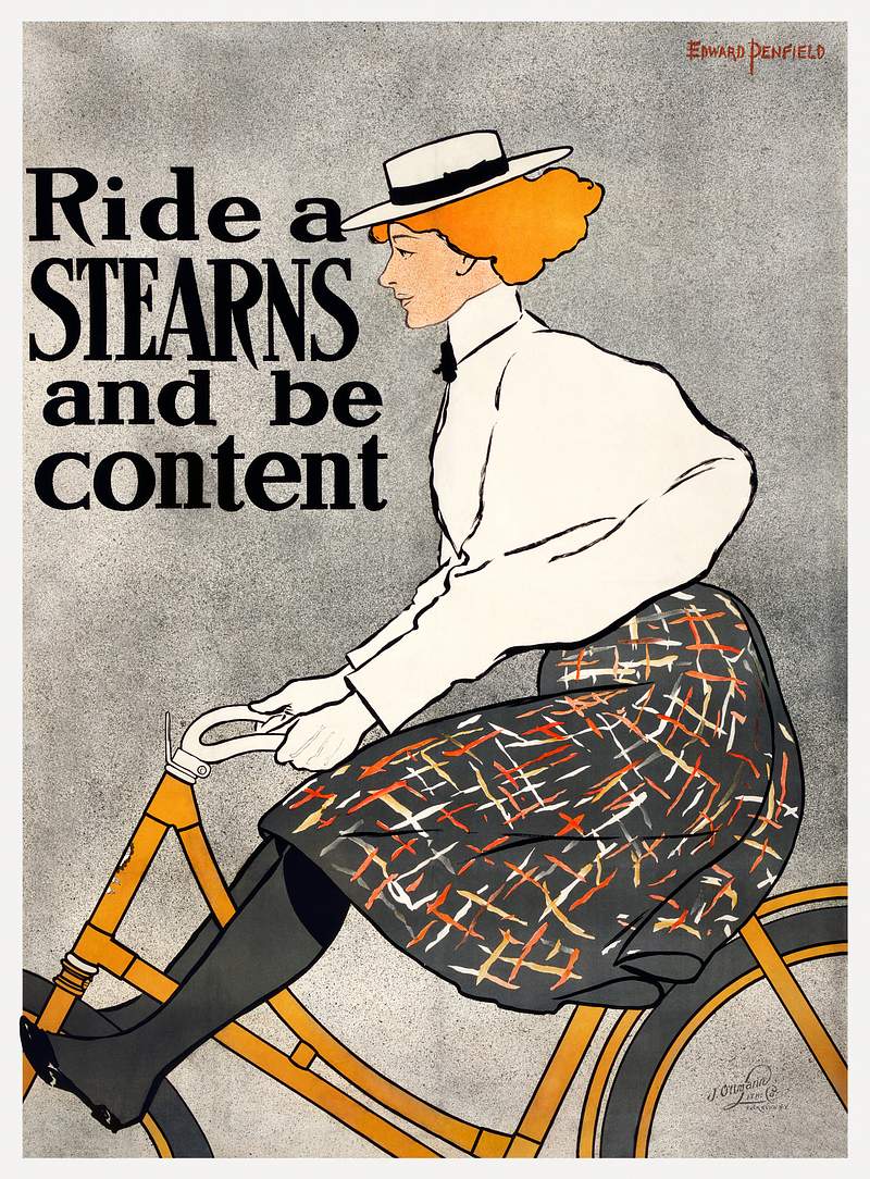 Ride a Stearns and be content (1896) print in high resolution by Edward Penfield. Original from Library of Congress.…