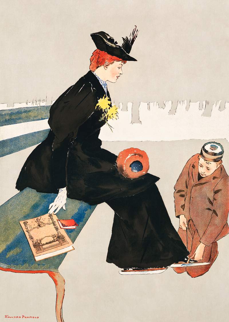 Woman sitting on a bench (1894) print in high resolution by Edward Penfield. Original from Library of Congress. Digitally…