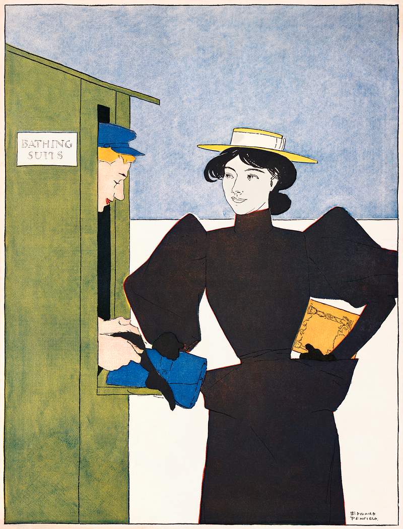 Woman picking up bathing suits (1895) print in high resolution by Edward Penfield. Original from Library of Congress.…