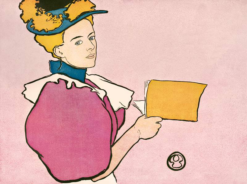 Woman holding book (1896) print in high resolution by Edward Penfield. Original from Library of Congress. Digitally enhanced…