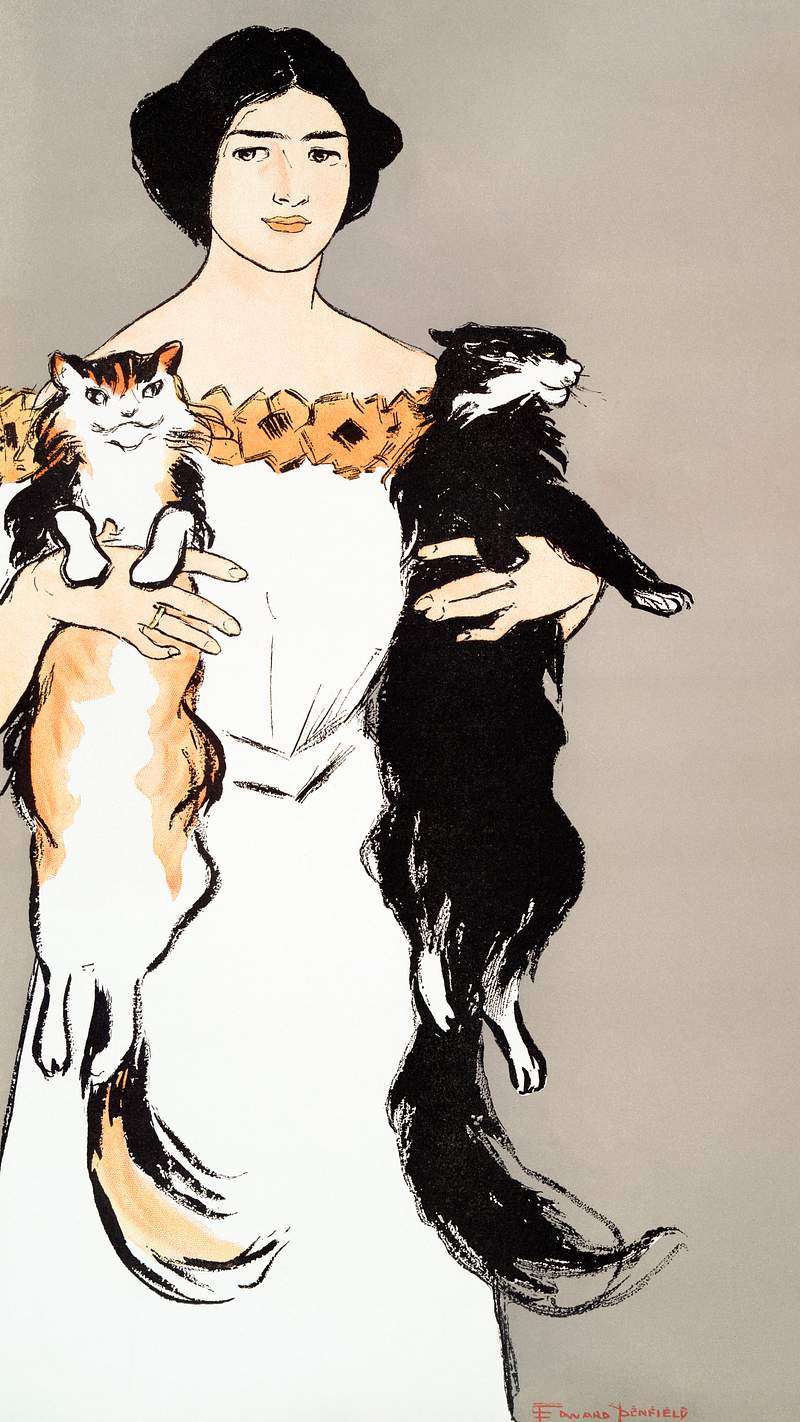Woman holding cats (1897) print in high resolution by Edward Penfield. Original from The New York Public Library. Digitally…