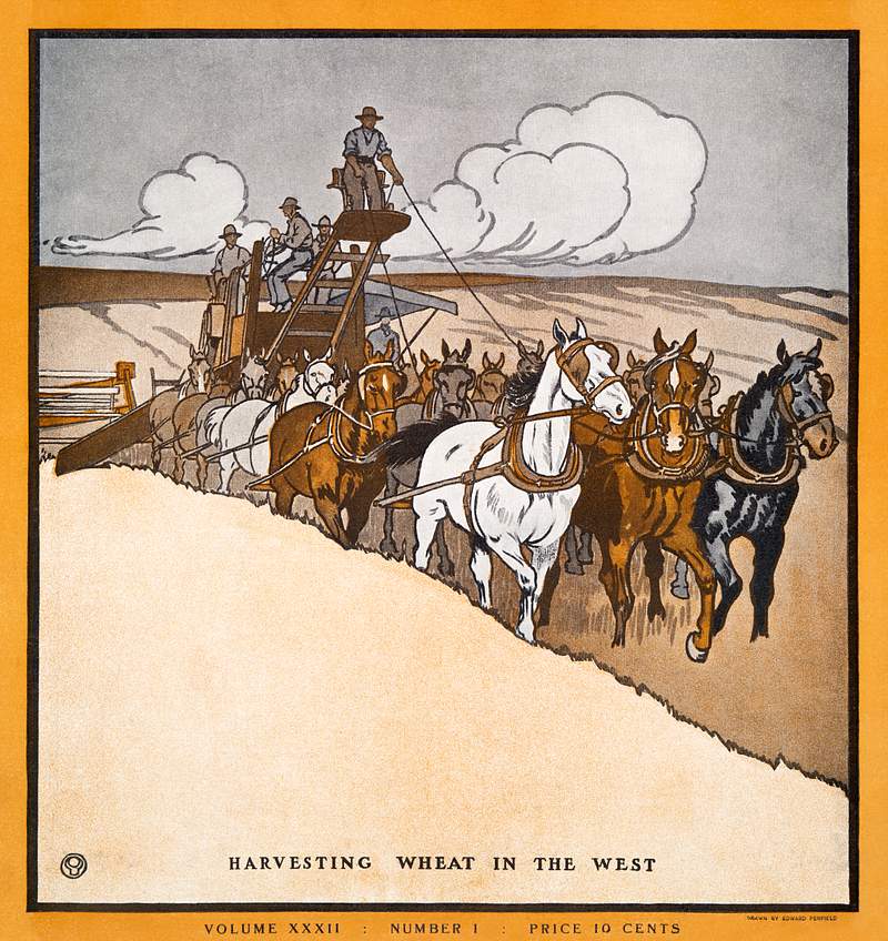 Harvesting Wheat in the West (1903) print in high resolution by Edward Penfield. Original from The New York Public Library.…