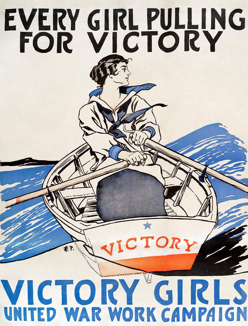 Every Girl Pulling for Victory, Victory Girls United War Work Campaign (1918) print in high resolution by Edward Penfield.…
