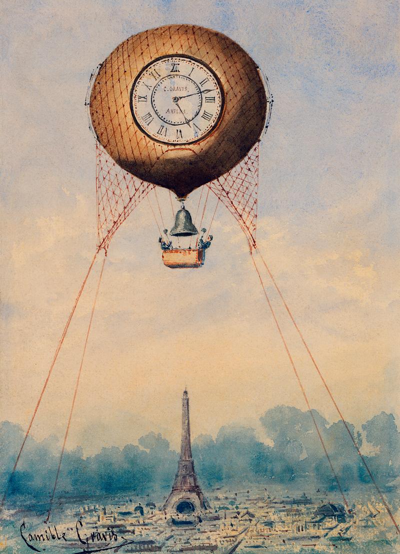 Illustration of captive balloon with clock face and bell, hovering above Paris, France with Eiffel Tower in the background by Camille Gravis. Original from Library of Congress. Digitally enhanced by rawpixel. Illustration of captive balloon with clock face and bell, hovering above Paris, France with Eiffel Tower in the background by…