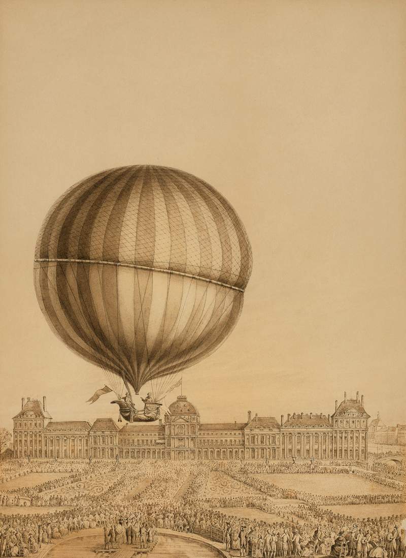 Drawing by an unknown artist, the… | Free public domain illustration Drawing by an unknown artist, the illustration depicts the first manned gas balloon flight by Jacques Charles and Marie-Noel…