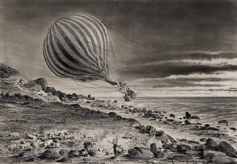 Descent of the balloon Neptune in the cliffs… | Free public domain illustration Descent of the balloon Neptune in the cliffs of Cap Gris-Nez baloon trip in Calais by Albert Tissandier. Original from…