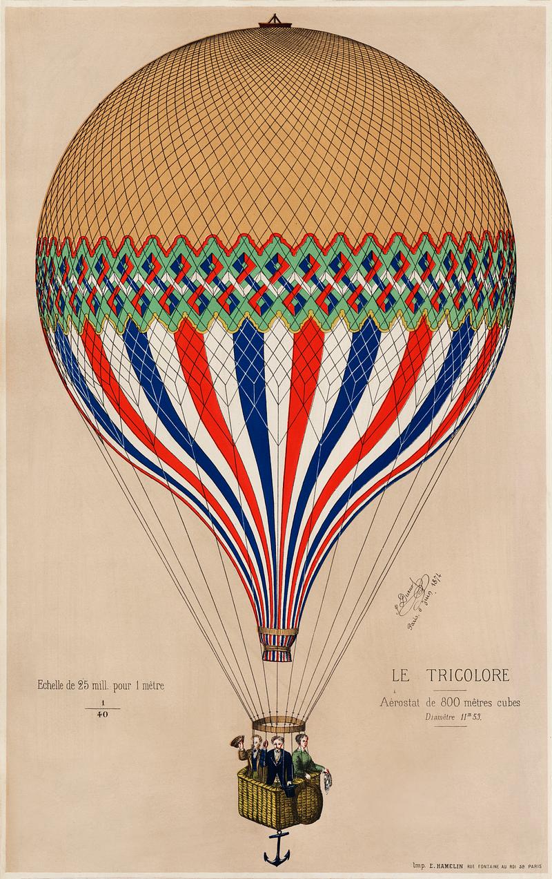 Vintage air balloon poster The Tricolor with a French flag themed balloon ascension in Paris, June 6th 1874. Original from Library of Congress.…