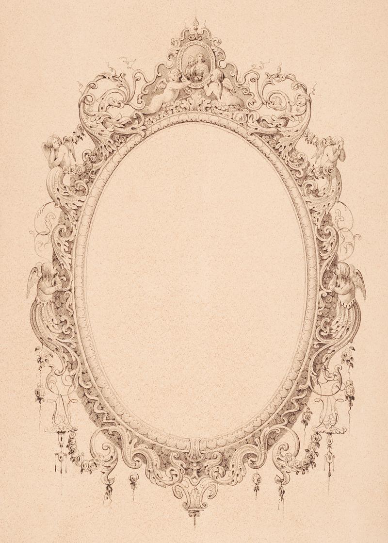 Portrait Frame by James F. Queen (Died: 1889) design with an oval frame decorated with baby angels. Original from Library of Congress. Digitally enhanced by rawpixel. Portrait Frame by James F. Queen (Died: 1889) design with an oval frame decorated with baby angels. Original from Library of…
