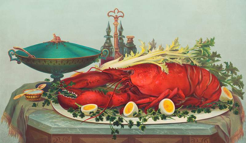 Luxurious dinner feast consisting of lobster,… | Free public domain illustration Luxurious dinner feast consisting of lobster, hard boiled eggs, and vegetables by L. Prang & Co., (c.1877). Original from…