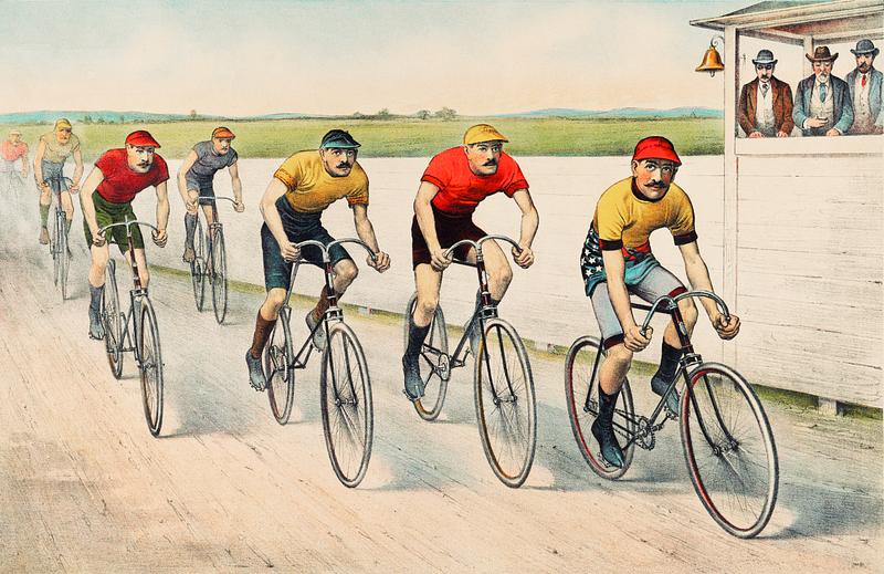 Vintage cyclists Wheelman in ‘A Red Hot Finish', illustration by John Cameron. Original from Library of Congress. Digitally enhanced by…