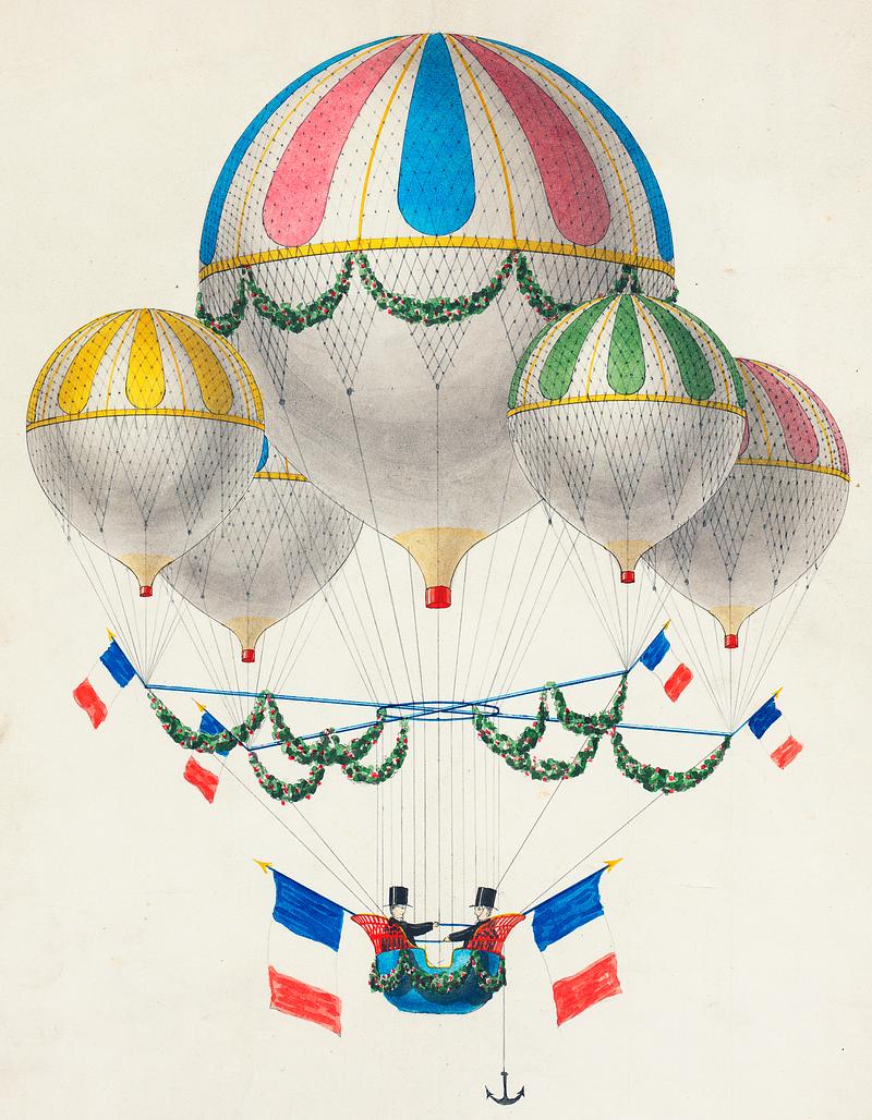 French flag decorated group of air balloons harnessed together, by Leon Benett (1917) or Alphonse-Marie-Adolphe de Neuville (1855). Original from Library of Congress. Digitally enhanced by rawpixel. French flag decorated group of air balloons harnessed together, by Leon Benett (1917) or Alphonse-Marie-Adolphe de Neuville…