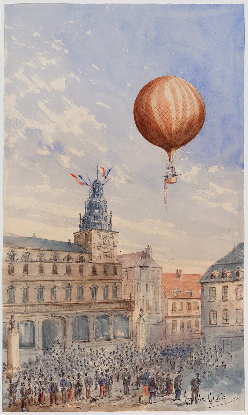 Balloon with two passengers hovering over a… | Free public domain illustration Balloon with two passengers hovering over a French town square by Camille Gravis. Original from Library of Congress.…