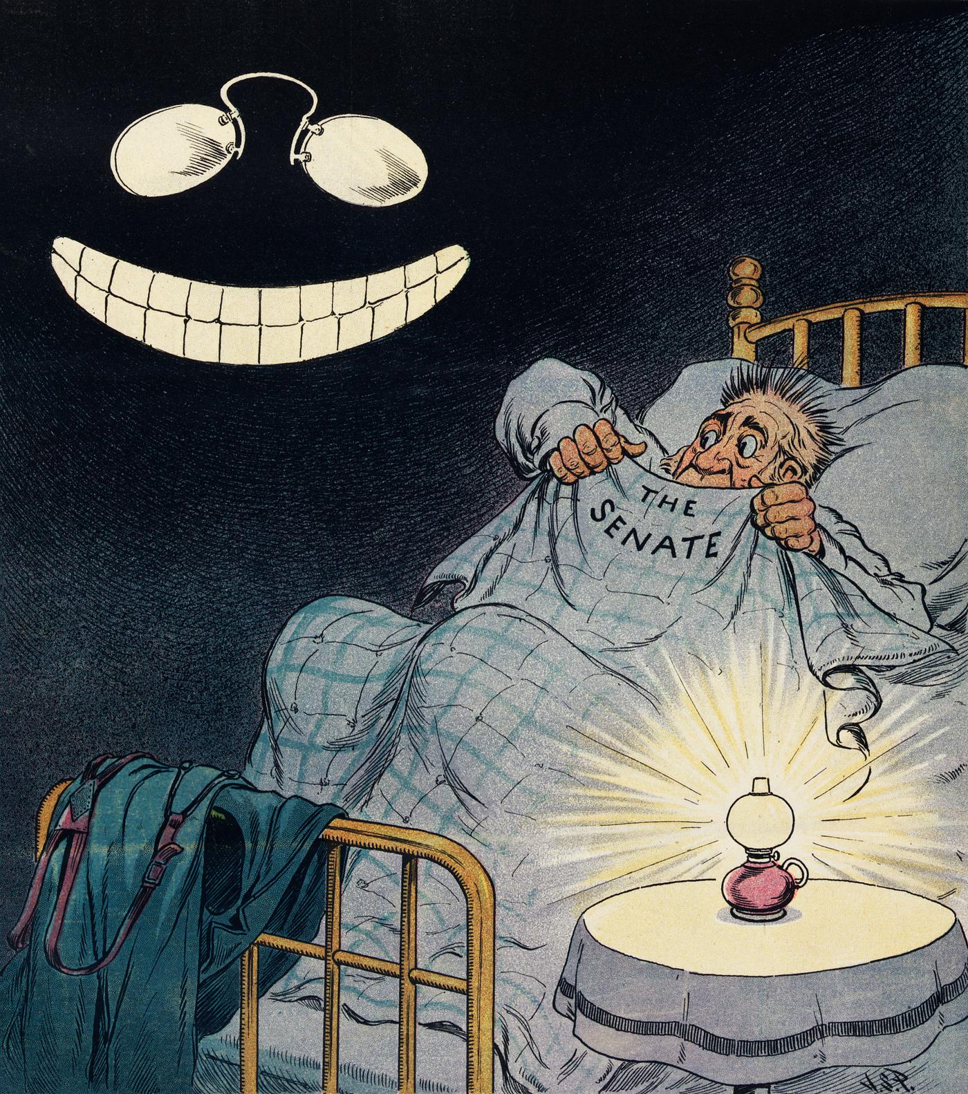 The Latest Thing in Nightmares by John. S Pughe (1870-1909), a commentary cartoon with eyeglasses and teeth resembling... The Latest Thing in Nightmares by John. S Pughe (1870-1909), a commentary cartoon with eyeglasses and teeth resembling...