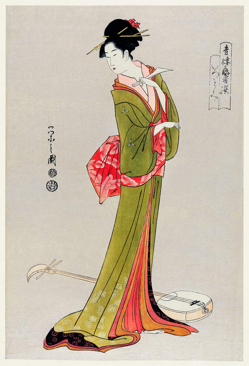 Itsutomi by Eishi Hosoda (1756-1829), a traditional Japanese Ukyio-e style illustration of a Japanese woman in a kimono and a…
