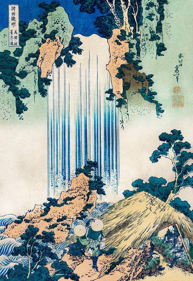 Yoro Waterfall in Mino Province by Katsushika Hokusai (1760-1849) a traditional Japanese Ukyio-e style illustration of two…