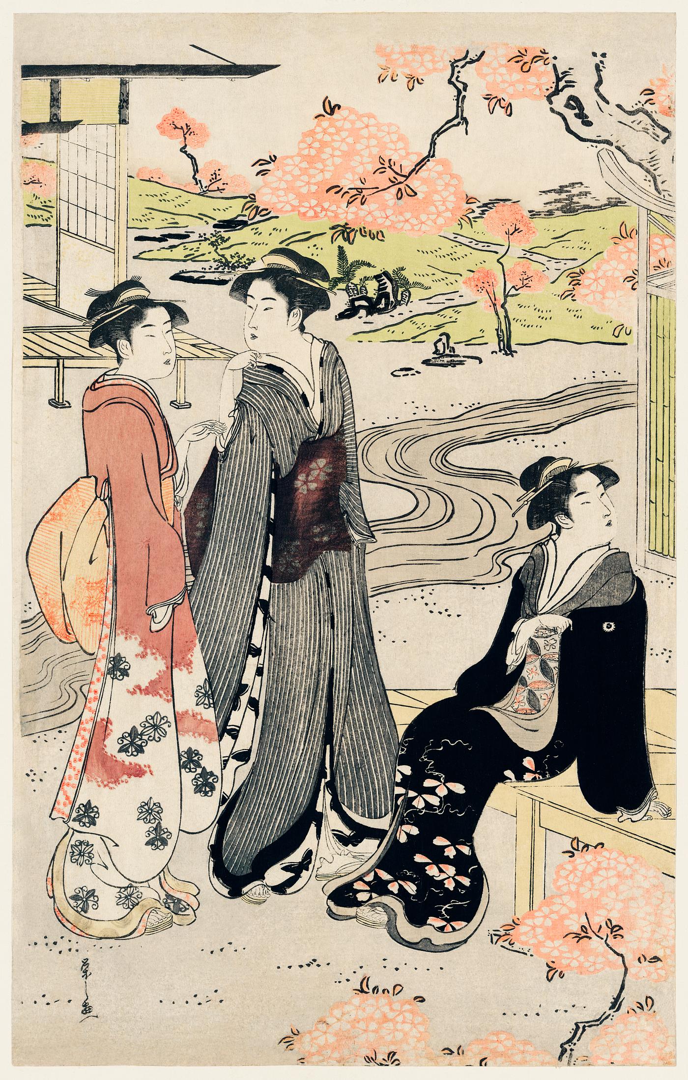 Nina no Hanami by Eishi Hosoda (1756-1829), a traditional Japanese Ukyio-e style illustration of a Japanese women in kimono... Nina no Hanami by Eishi Hosoda (1756-1829), a traditional Japanese Ukyio-e style illustration of a Japanese women in kimono...