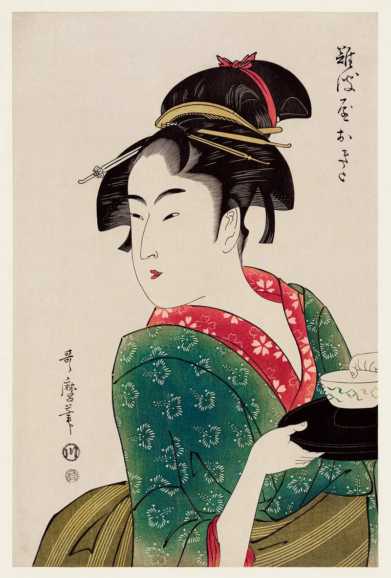Naniwaya Okita by Utamaro Kitagawa (1753-1806), a print of a traditional Japanese woman serving in a teahouse, carrying a…