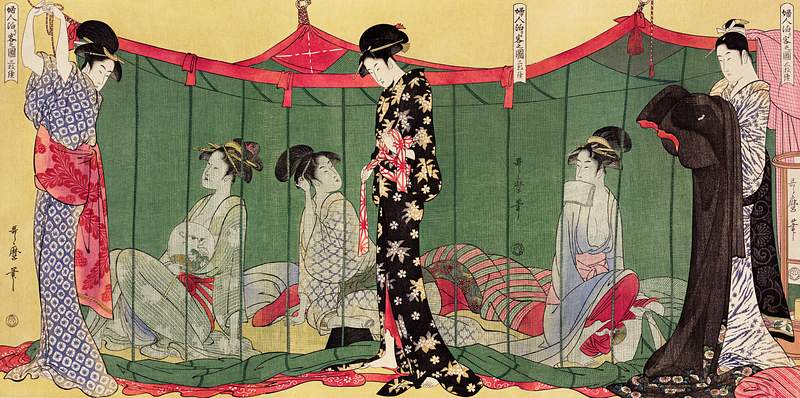 Fujin Tomarikyaku no zu by Utamaro Kitagawa (1753-1806), translated Woman with a Visitor, a print of a traditional Japanese…