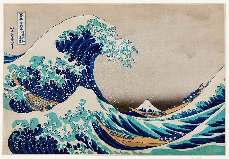 The Great Wave off Kanagawa vintage illustration wall art print and poster remix from original painting by Katsushika…