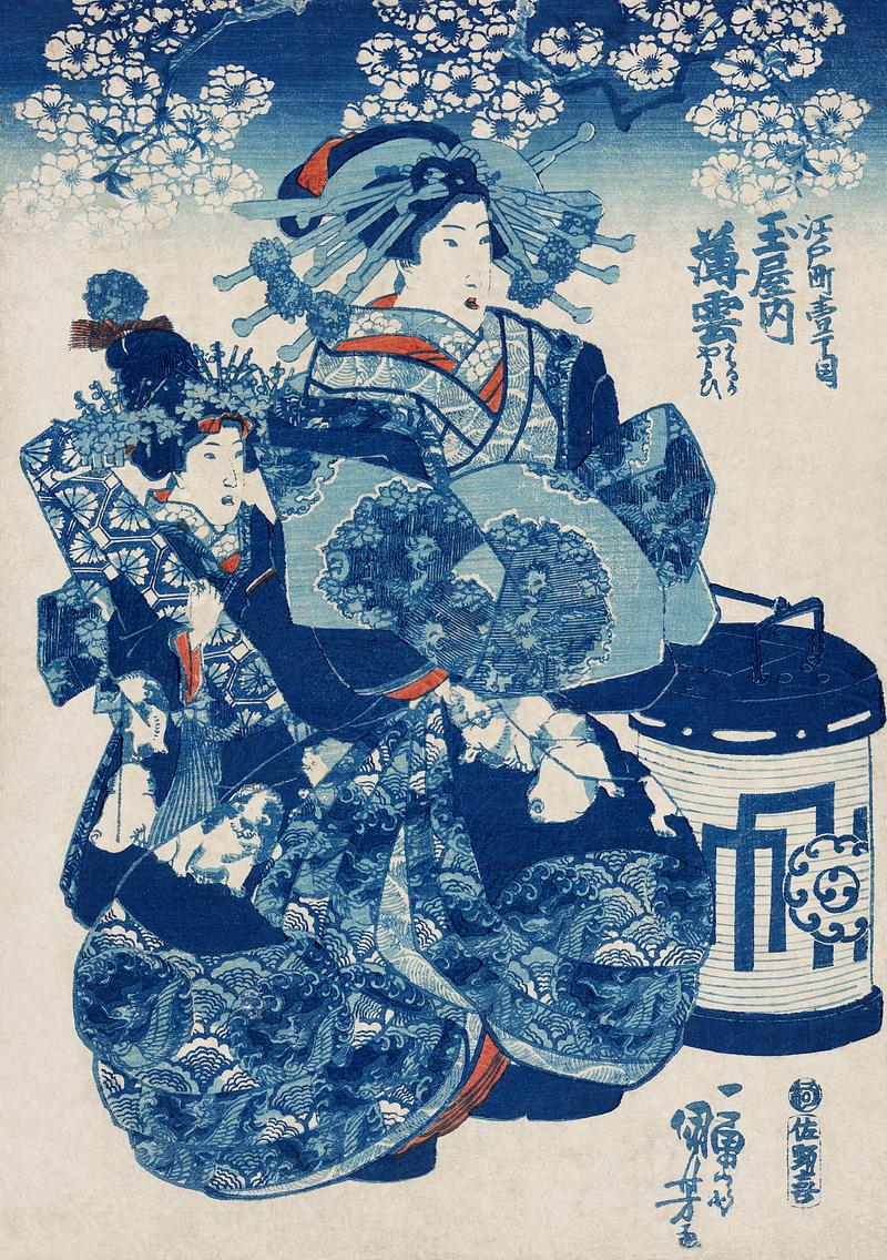 Tamaya uchi Usugumo by Utagawa Kuniyoshi (1753-1806), translated The Courtesan Hanao of Ogi-ya, a traditional Japanese ukiyo-e style illustration of a well-dressed courtesan woman with elaborate hair ornaments sitting with an attendant. Original from Library of Congress. Digitally enhanced by rawpixel. Tamaya uchi Usugumo by Utagawa Kuniyoshi (1753-1806), translated The Courtesan Hanao of Ogi-ya, a traditional Japanese ukiyo…