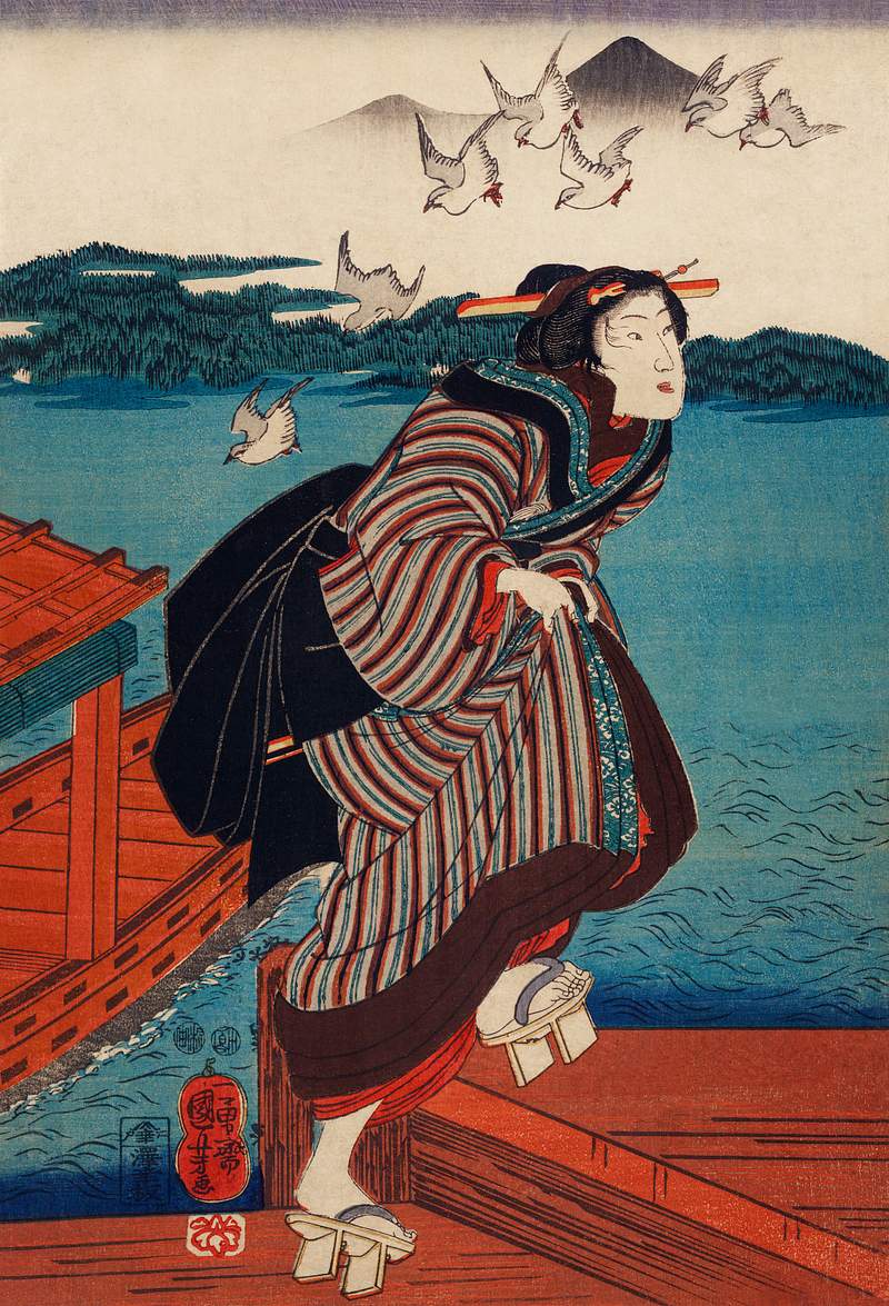 Sanbashi no Onna by Utagawa Kuniyoshi (1753-1806), translated "Young Woman at Sanbashi", a traditional Japanese ukiyo-e style illustration of young woman wearing geta and kimono walking on a wharf and birds flying overhead. Original from Library of Congress. Digitally enhanced by rawpixel. Sanbashi no Onna by Utagawa Kuniyoshi (1753-1806), translated "Young Woman at Sanbashi", a traditional Japanese ukiyo-e style…