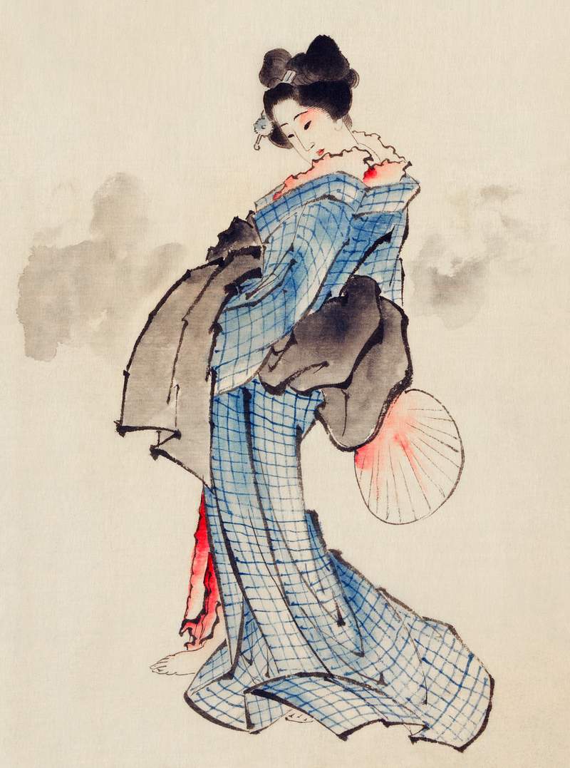 Woman, Full-Length Portrait, Standing, Facing Left, Holding Fan in Right Hand, Wearing Kimono with Check Design by Katsushika…