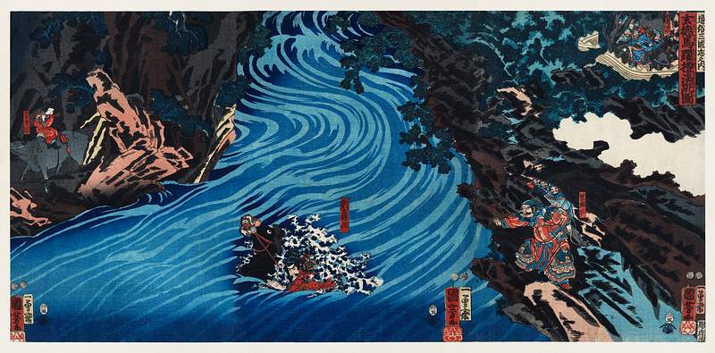 Gentoku Uma o Odorashite Tankei o Koeru zu by Utagawa Kuniyoshi (1798-1861), a woodcut triptychs of the warlord “Liu…