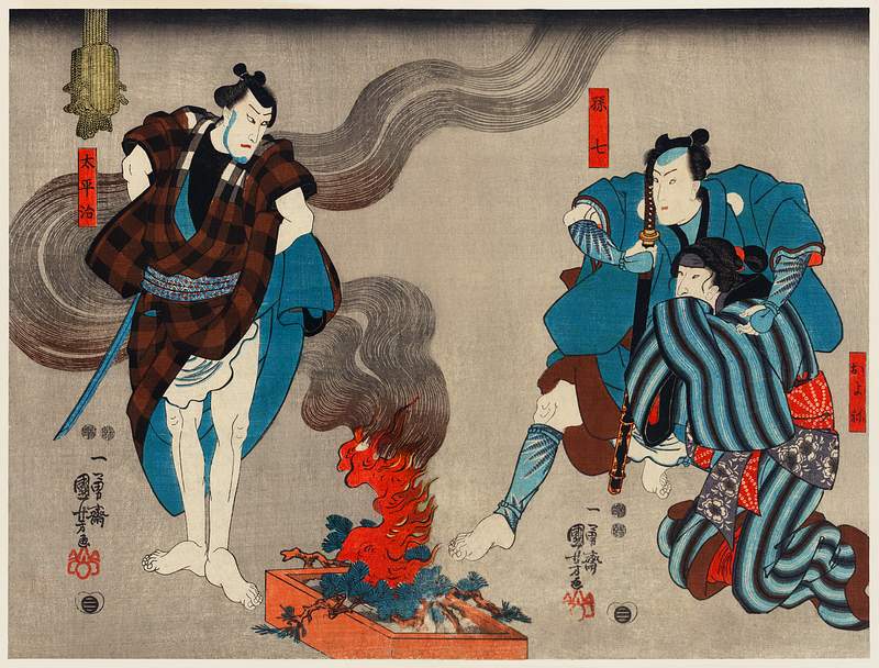Oyone Magoshichi Taheiji by Utagawa Kuniyoshi (1798-1861), a woodcut diptychs of the traditional Japanese play with three actors, two male with sword, one protecting a woman and one intimidating them. Original from Library of Congress. Digitally enhanced by rawpixel. Oyone Magoshichi Taheiji by Utagawa Kuniyoshi (1798-1861), a woodcut diptychs of the traditional Japanese play with three…