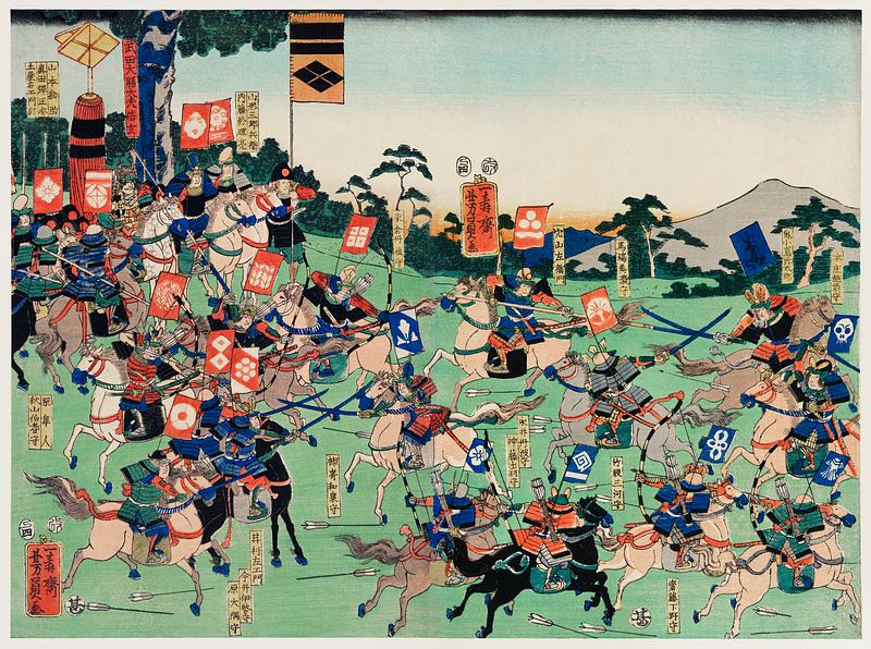 Kawanakajima no Kassen by Utagawa Kuniyoshi (1798-1861), a woodcut diptych of battle at Kawanakajima, showing two armies of cavalry in a battle with swordsmen and archers on horseback. Original from Library of Congress. Digitally enhanced by rawpixel. Kawanakajima no Kassen by Utagawa Kuniyoshi (1798-1861), a woodcut diptych of battle at Kawanakajima, showing two armies of…