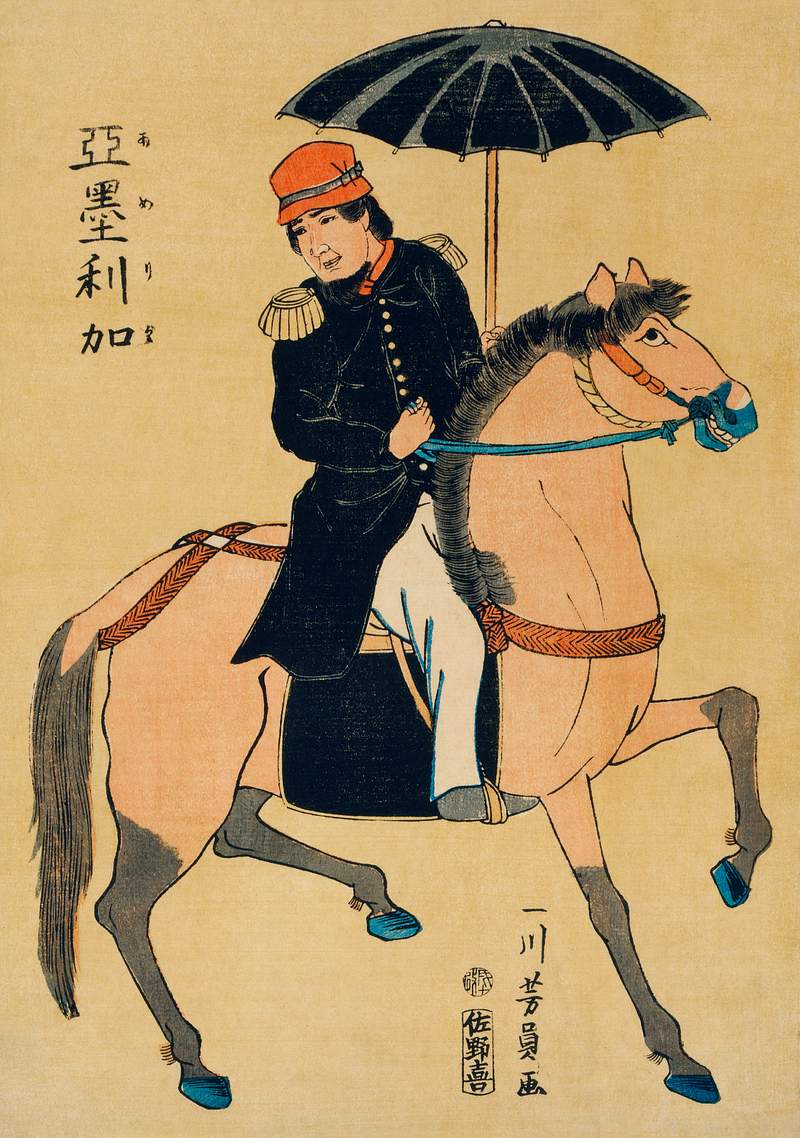 Amerika by Utagawa Yoshikazu (1848-1863), a… | Free public domain illustration Amerika by Utagawa Yoshikazu (1848-1863), a traditional Japanese illustration of a Japanese print showing an American soldier…