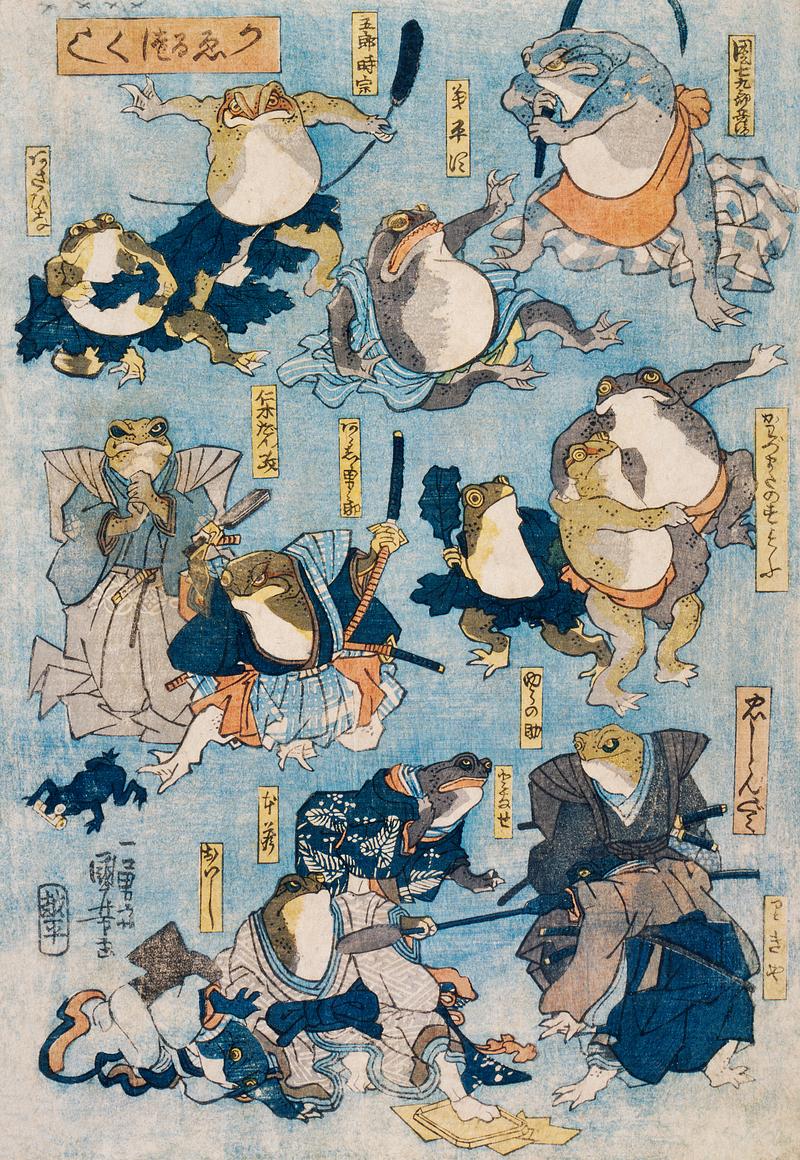 Famous Heroes of the Kabuki Stage Played by Frogs by Utagawa Kuniyoshi (1798-1861), a woodcut illustration of personified frogs in costume acting out scenes from Kabuki plays. Original from Library of Congress. Digitally enhanced by rawpixel. Famous Heroes of the Kabuki Stage Played by Frogs by Utagawa Kuniyoshi (1798-1861), a woodcut illustration of personified…