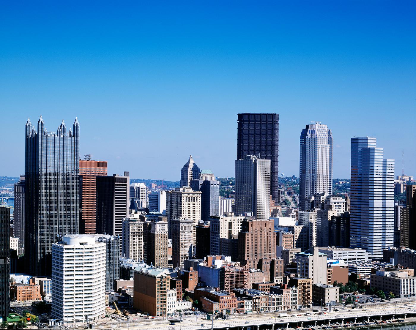Pittsburgh, Pennslyvania skyline including PPG Place with the spiked roofline to the far left designed by famous architect... Pittsburgh, Pennslyvania skyline including PPG Place with the spiked roofline to the far left designed by famous architect...