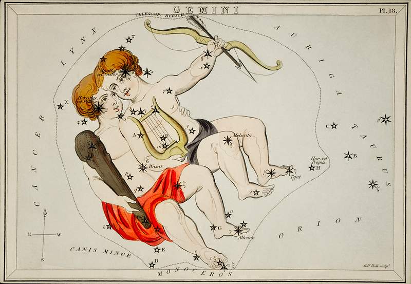 Sidney Hall’s (1831) astronomical chart… | Free public domain illustration Sidney Hall’s (1831) astronomical chart illustration of the zodiac Gemini. Original from Library of Congress. Digitally…