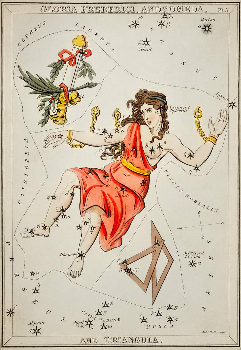 Sidney Hall’s (1831) astronomical chart… | Free public domain illustration Sidney Hall’s (1831) astronomical chart illustration of Gloria Frederici, Andromeda. Original from Library of Congress.…