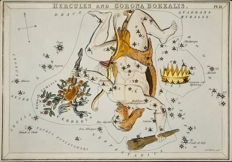 Sidney Hall’s (1831) astronomical chart… | Free public domain illustration Sidney Hall’s (1831) astronomical chart illustration of the Hercules and the Corona Borealis. Original from Library of…