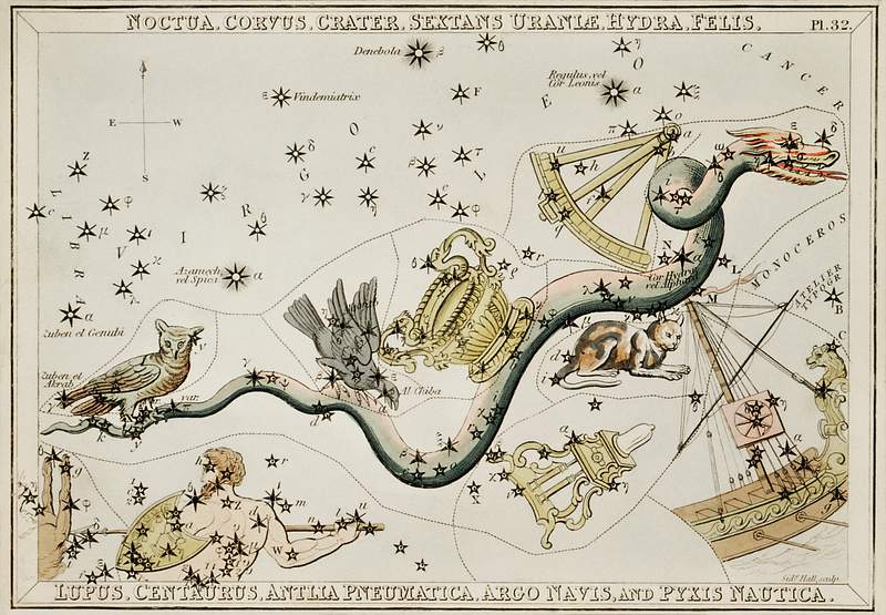 Sidney Hall’s (1831) astronomical chart… | Free public domain illustration Sidney Hall’s (1831) astronomical chart illustration of the Noctua, Corvus, Crater, Sextans Uraniae, Hydra, Felis…